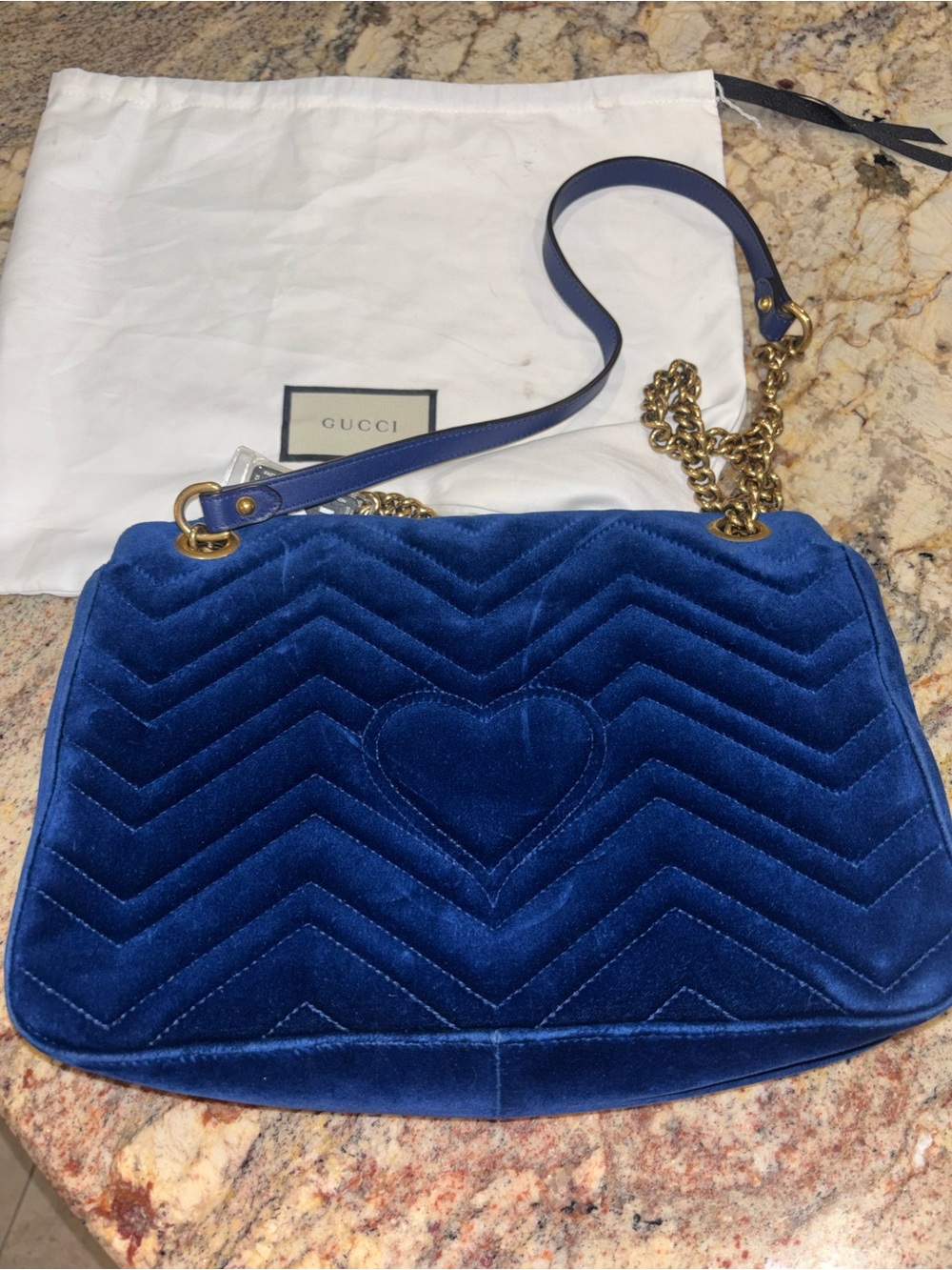 Gucci Navy Velvet GG LARGE Marmont Shoulder Bag with Gold Hardware - Picture 3 of 13